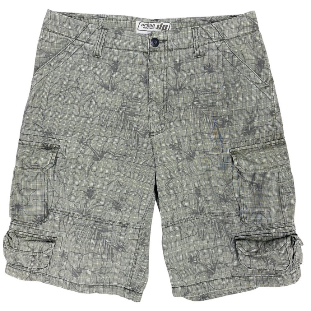 EUC Men's URBAN PIPELINE Hawaiian Plaid 12" Cargo Shorts Olive | Size 34‎